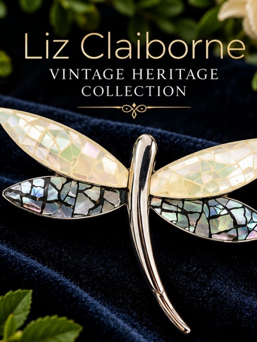 Liz Claiborne Dragonfly Brooch Mother of Pearl Mosaic Silver Tone LC Pin